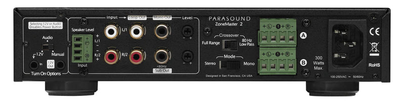 Parasound ZoneMaster ZM2 120W Compact Stereo Amplifier, Sub Mode, Half-Width